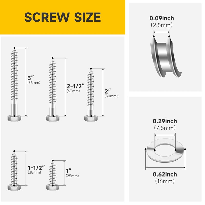 MYWISH 1/4 Hex Head Lag Screws Assortment Kit, 109Pcs Heavy Duty Lag Bolts with Washers, 304 Stainless Steel Bolts 18-8 5-Size Wood Screws for Outdoor, Bright Finish 1/4 Bolt - Image 2